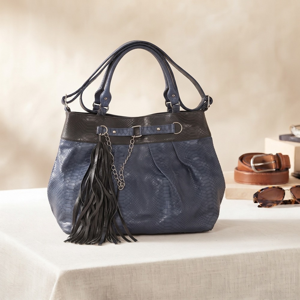 Giannini Navy Blue Faux Snakeskin Fringe Tassel Hobo Shoulder Bag Handbag